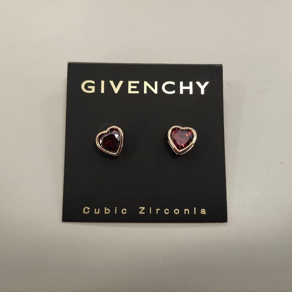 NWT Givenchy Gold-Tone Red Cubic Zirconia Heart Stud Earrings